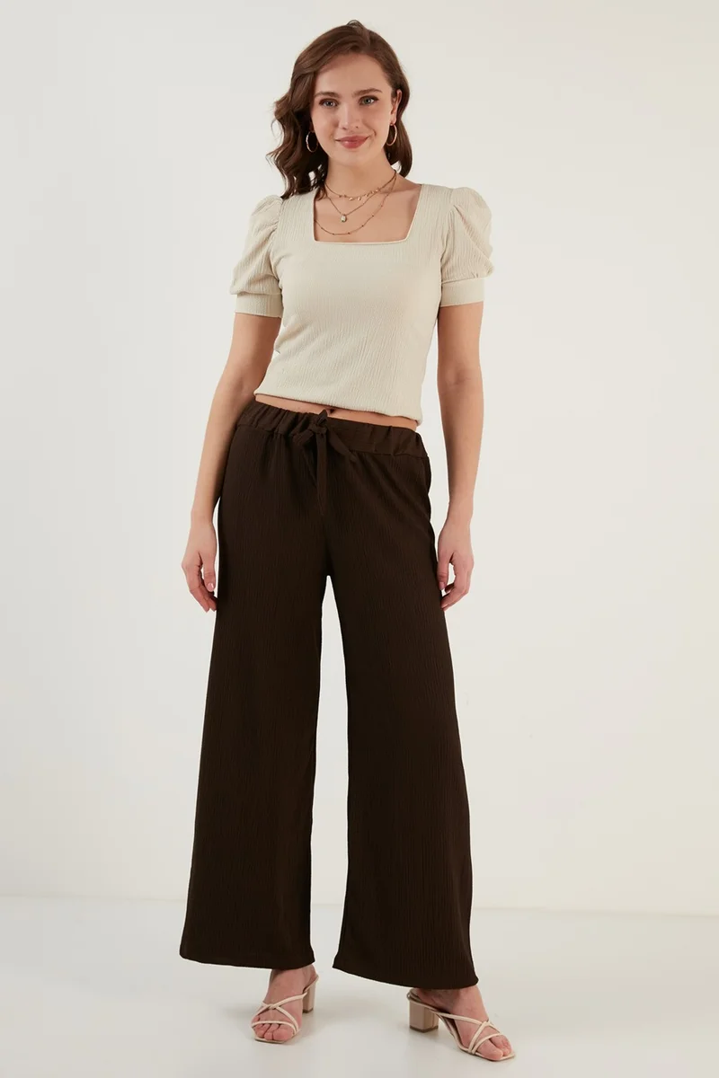 Lela Waist Tied Comfortable Cut Crinkle Fabric Trousers Women's Trousers 5862061
