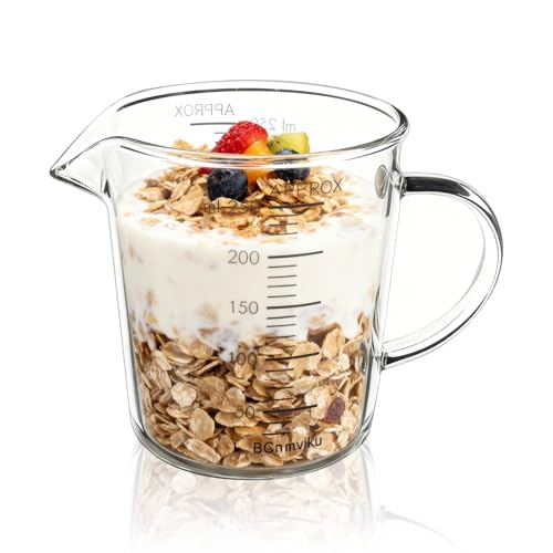 BCnmviku Glass Measuring Cup 250ml 1Cup High Borosilicate [Insulated Handle | V-Shaped Spout]For Prepping Baking and Cooking Preheated Oven Dishwasher Freezer and Microwave Safe - Image 1
