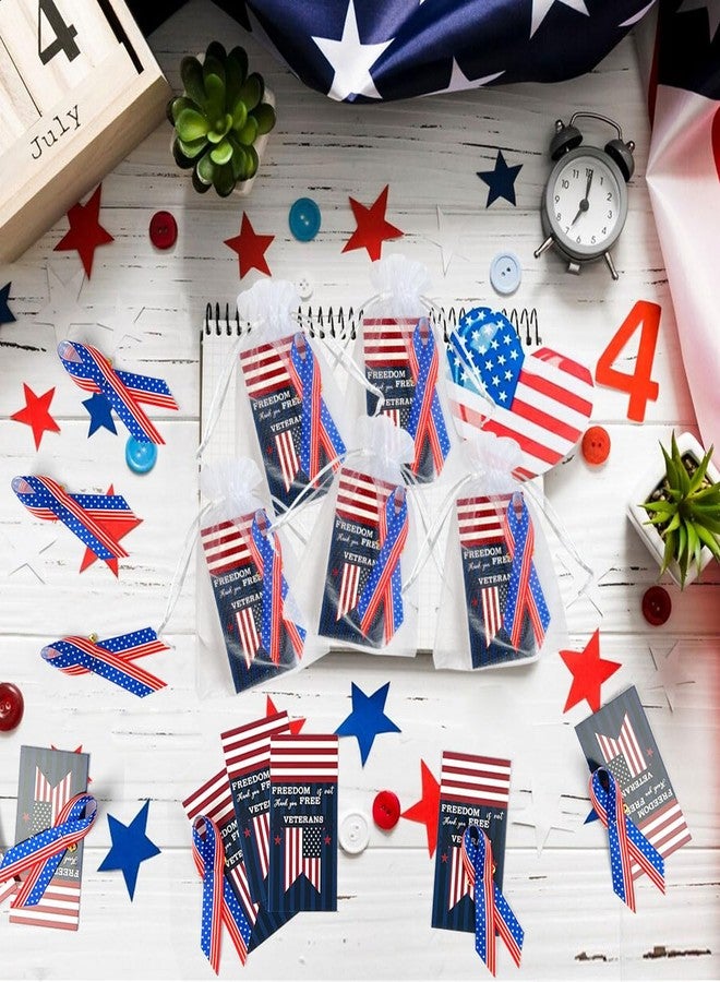 YumSur 300Pcs Veterans Day American Flag Satin Ribbon Pin,Patriotic Card Organza Bag for Veteran Patriot Souvenir Gifts - Image 4