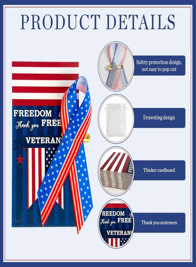 YumSur 300Pcs Veterans Day American Flag Satin Ribbon Pin,Patriotic Card Organza Bag for Veteran Patriot Souvenir Gifts - Image 3