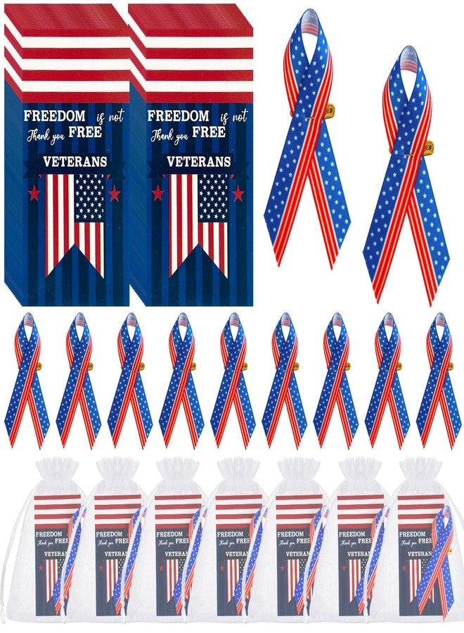 YumSur 300Pcs Veterans Day American Flag Satin Ribbon Pin,Patriotic Card Organza Bag for Veteran Patriot Souvenir Gifts - Image 1