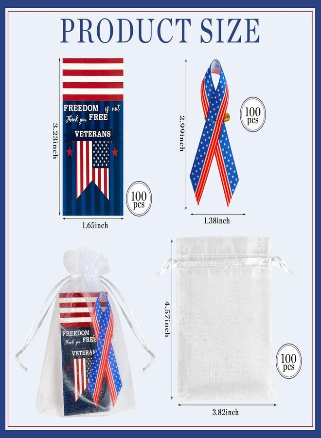 YumSur 300Pcs Veterans Day American Flag Satin Ribbon Pin,Patriotic Card Organza Bag for Veteran Patriot Souvenir Gifts - Image 2