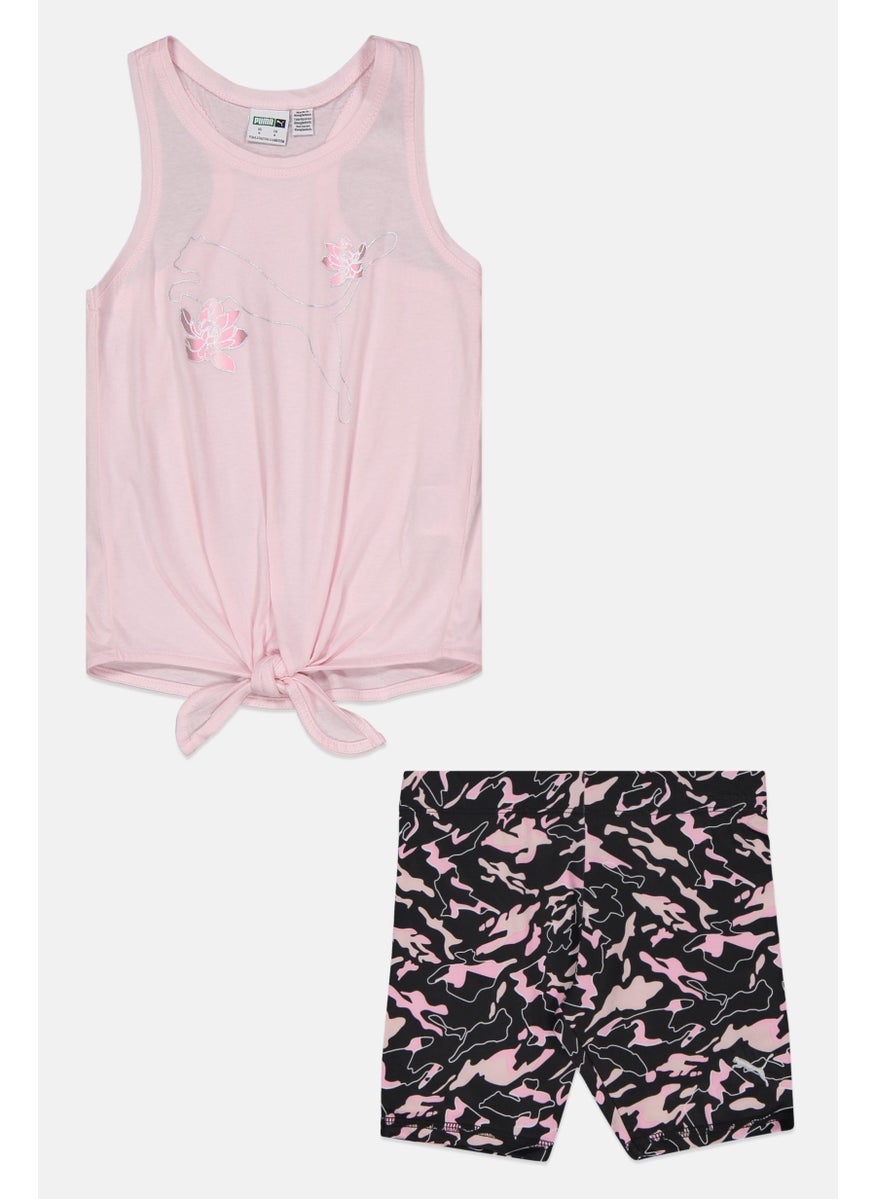 PUMA - Kids Girl 2 Piece Sleeveless Tank Top And Printed Short, Pink/Black Combo - Image 1