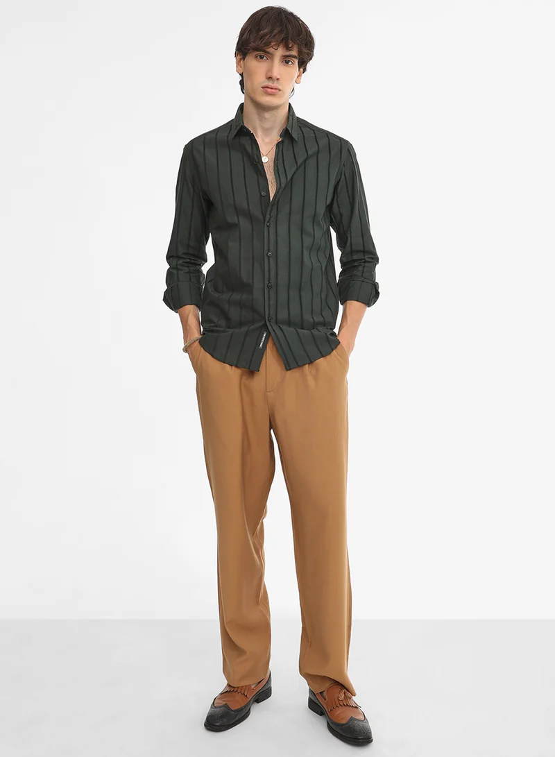 كامبوس سوترا Men's Jungle Green Pencil-Striped Shirt