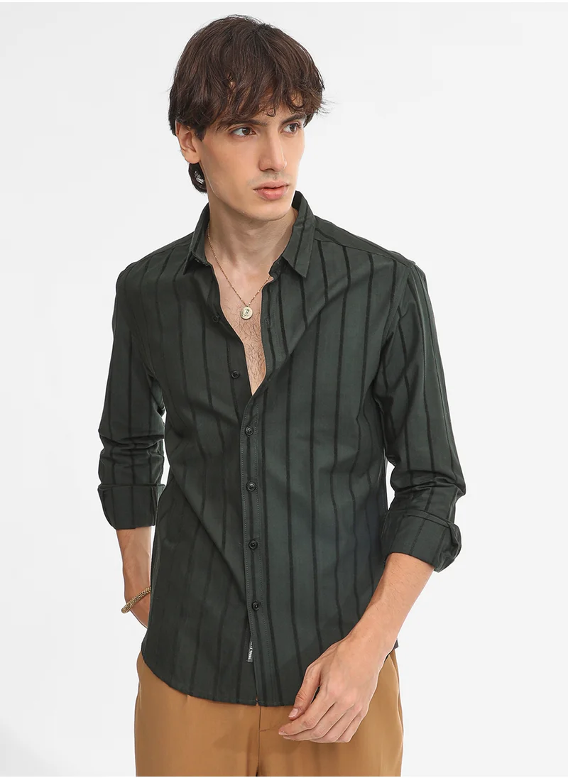كامبوس سوترا Men's Jungle Green Pencil-Striped Shirt