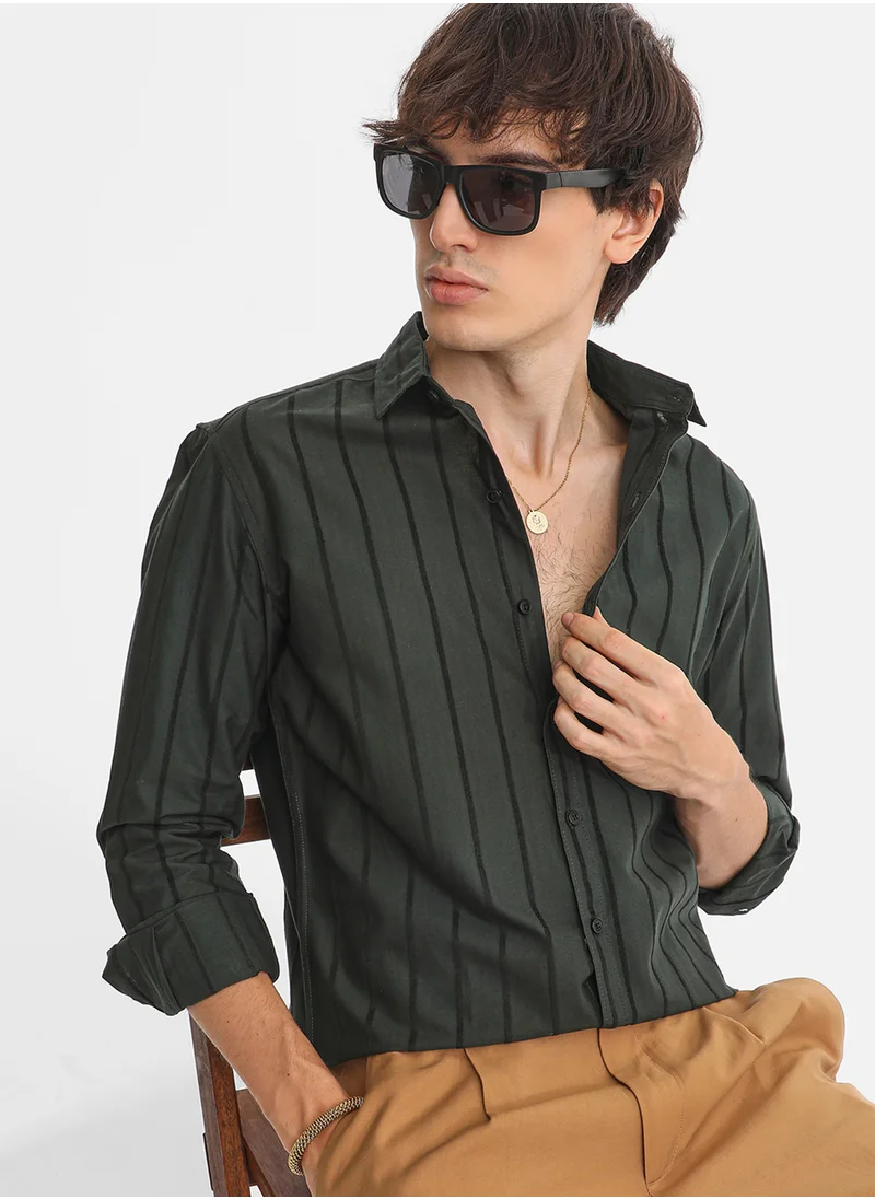 كامبوس سوترا Men's Jungle Green Pencil-Striped Shirt