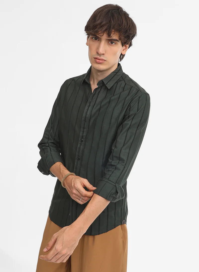 كامبوس سوترا Men's Jungle Green Pencil-Striped Shirt