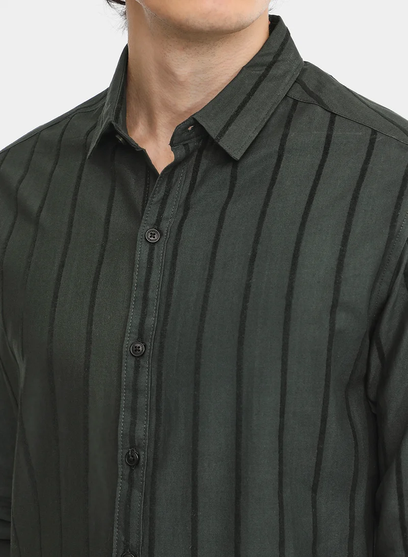 كامبوس سوترا Men's Jungle Green Pencil-Striped Shirt