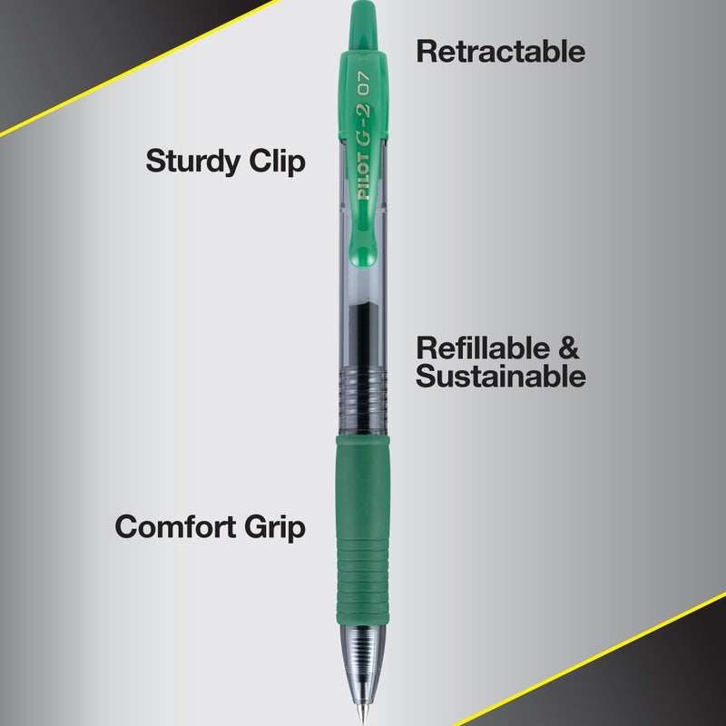Pilot G2 Premium Gel Roller Pens, Fine Point 0.7 mm, Green Ink Pens Fine Point, Pack of 12 - Ideal for School, Journaling, and Office Writing