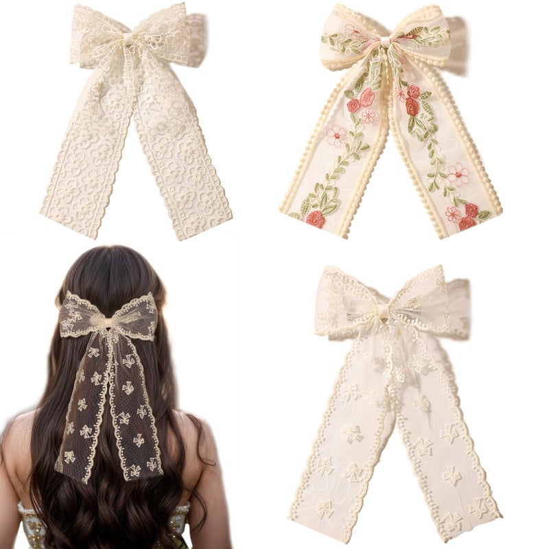 LFOUVRE Beige Lace Hair Bows with Embroidered Flowers - Bowknots, Barrettes, and Hair Clips with Long Tails for Women (3pcs) - Image 1