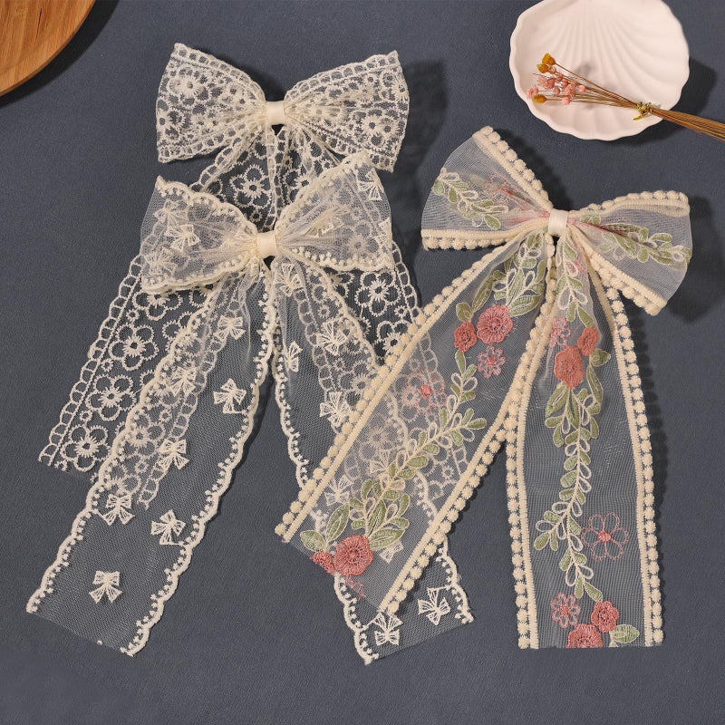 LFOUVRE Beige Lace Hair Bows with Embroidered Flowers - Bowknots, Barrettes, and Hair Clips with Long Tails for Women (3pcs) - Image 5