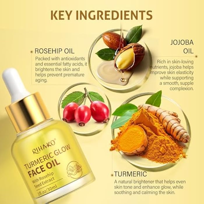RIHAKO Stocking Stuffers for Women Turmeric Rosehip Face Oil for Gua Sha – Facial Lymphatic Drainage Oil for Gua Sha Tools, Hydrating Anti-Aging Oil Reduces Fine Lines & Wrinkles, Boosts Radiance - Image 4