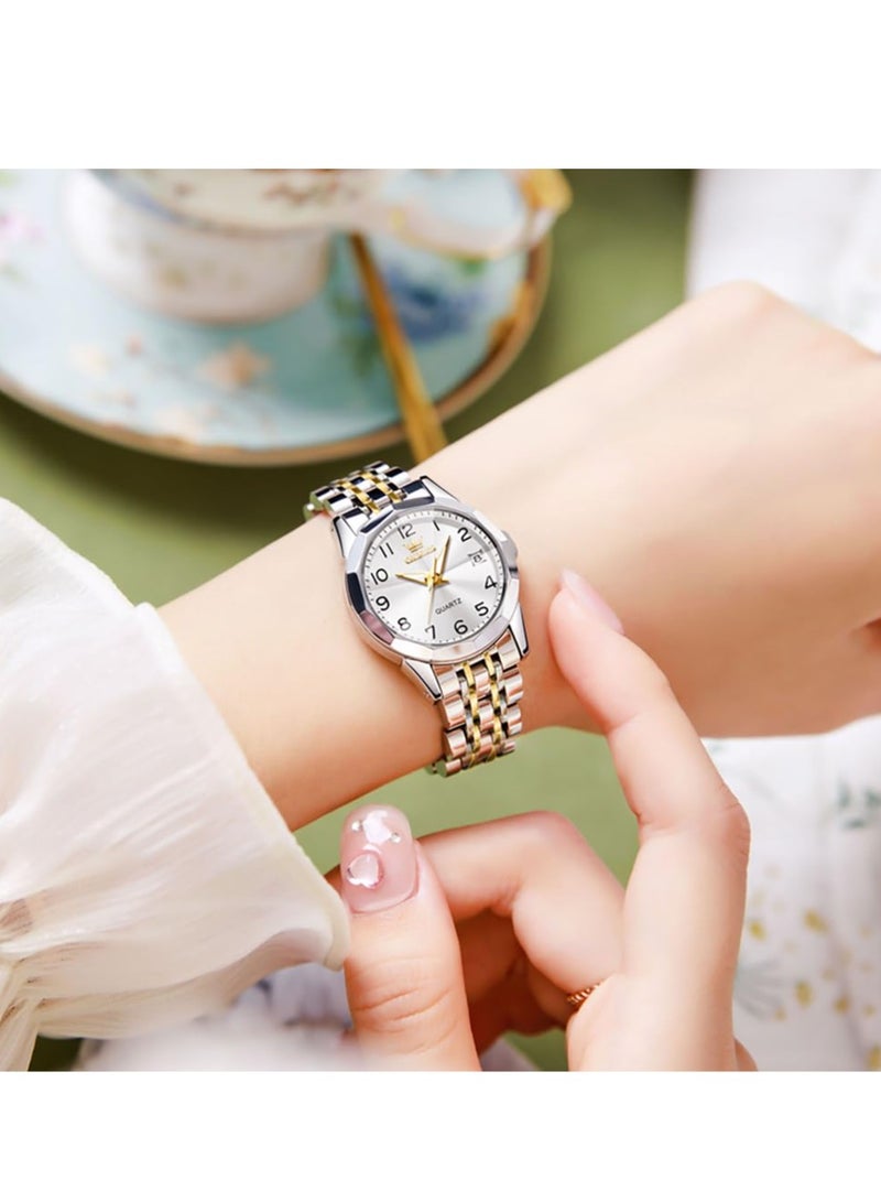 أوليفز OLEVS ساعة نسائية فستان كلاسيكي ساعة رقمية نسائية تناظرية كوارتز ستانلس ستيل ضد الماء تاريخ مضيء لونين ساعة سهلة القراءة - Image 1