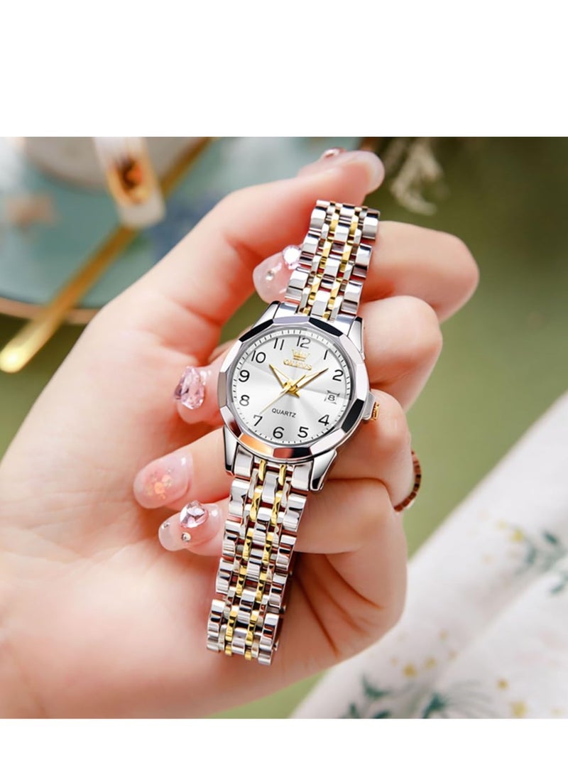 أوليفز OLEVS ساعة نسائية فستان كلاسيكي ساعة رقمية نسائية تناظرية كوارتز ستانلس ستيل ضد الماء تاريخ مضيء لونين ساعة سهلة القراءة - Image 5