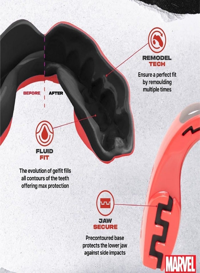 مارفل واقي فم رياضي من ديدبول، طبقة مزدوجة، حماية فائقة، واقي للثة للبالغين مع جراب للملاكمة، وفنون القتال المختلطة، والرجبي، وفنون الدفاع عن النفس، والجودو، وجميع الرياضات التي تتطلب التلامس الجسدي - Image 3