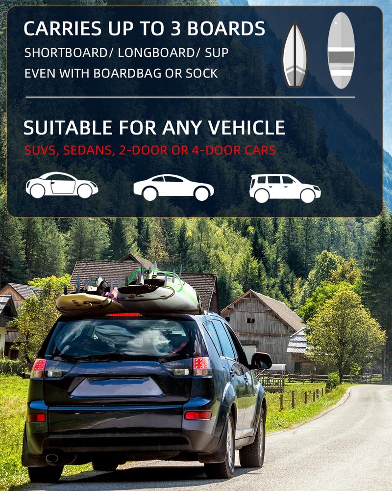 Abahub Soft Roof Rack Pads with 2 Tie Down Straps, 2 Tie Down Ropes, 2 Hood Loops and Storage Bag, for Surfboard, Kayak, Canoe, Heavy Duty Universal Car Roof Racks System Black - Image 2