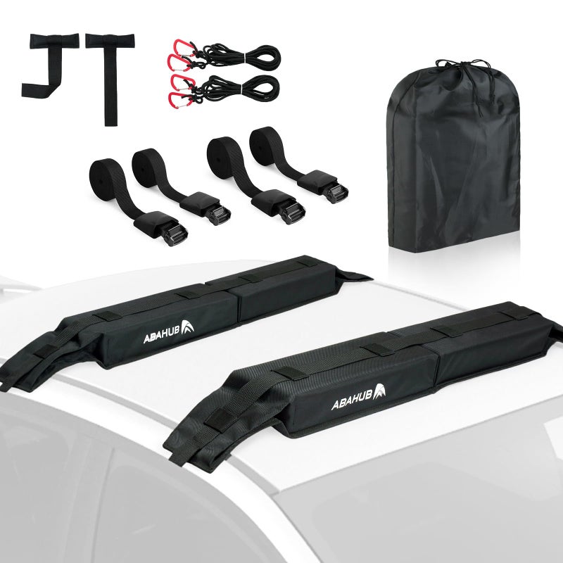 Abahub Soft Roof Rack Pads with 2 Tie Down Straps, 2 Tie Down Ropes, 2 Hood Loops and Storage Bag, for Surfboard, Kayak, Canoe, Heavy Duty Universal Car Roof Racks System Black - Image 1