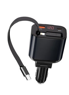 105W Car Charger With Retractable Type-C Cable, USB-C to Lightning OTG and Digital Display - Black