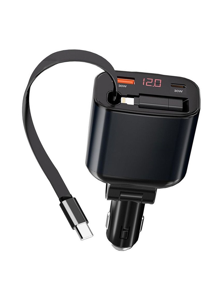 Generic - 105W Car Charger With Retractable Type-C Cable, USB-C to Lightning OTG and Digital Display - Black - Image 1