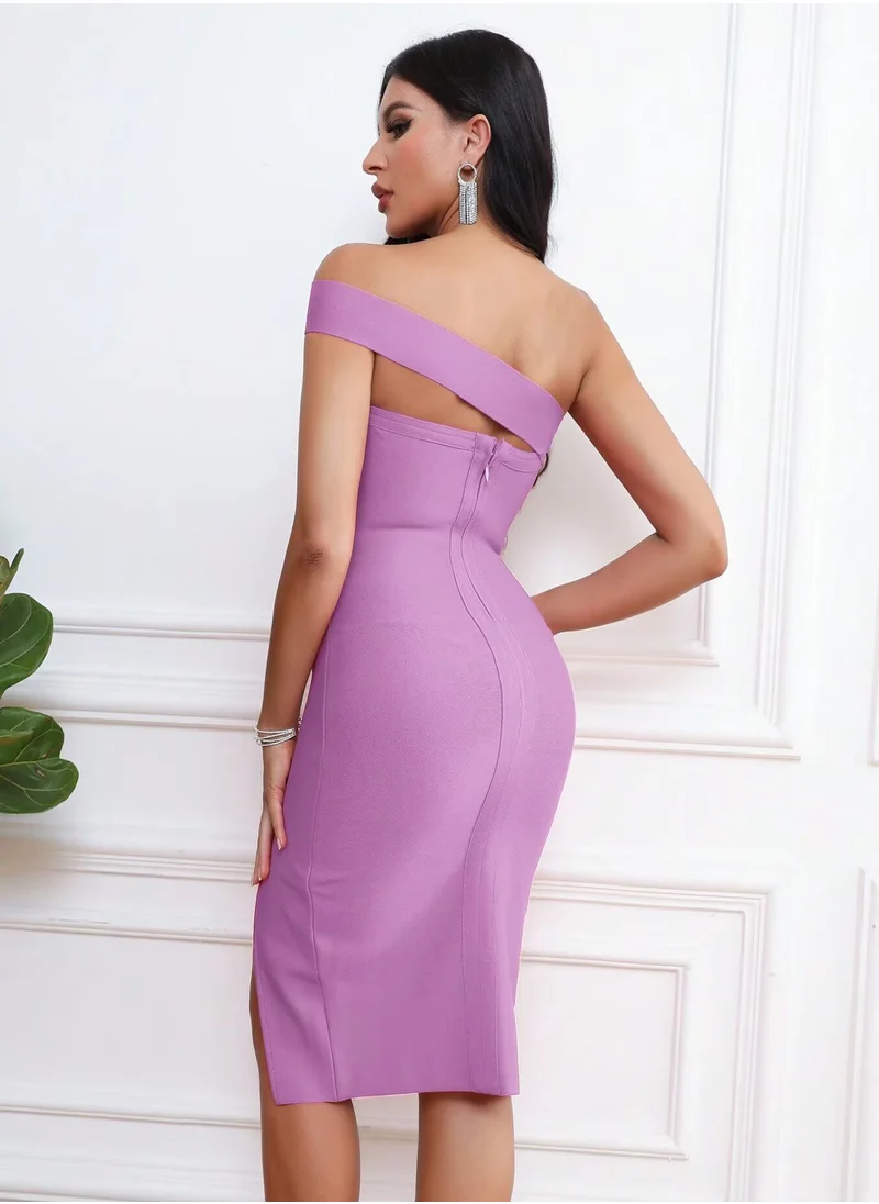 مدام يونيك Women's Purple One Shoulder Bandage Dresses For Women Wedding Guest Sexy Formal Midi Dress