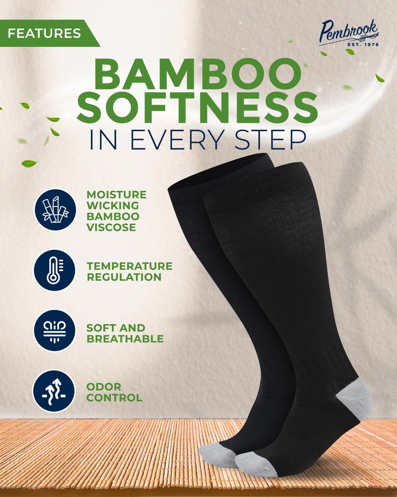 Pembrook 3 Pairs Plus Size Compression Socks Wide Calf - Bamboo Viscose Compression Socks Men, Knee High, Black - Image 3