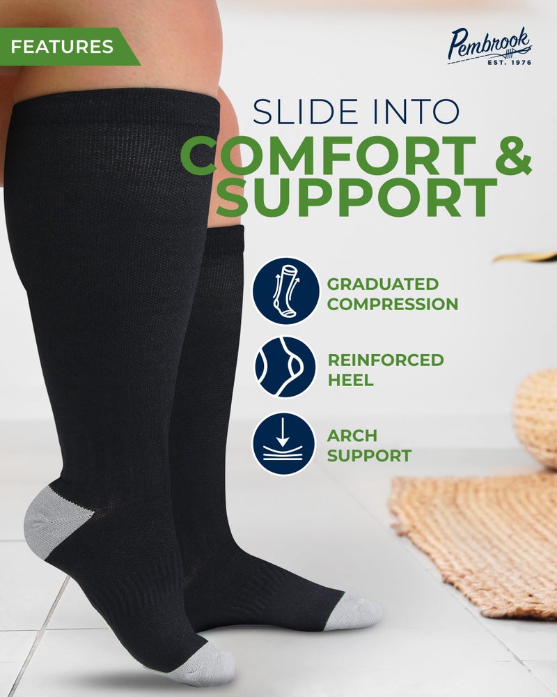Pembrook 3 Pairs Plus Size Compression Socks Wide Calf - Bamboo Viscose Compression Socks Men, Knee High, Black - Image 2