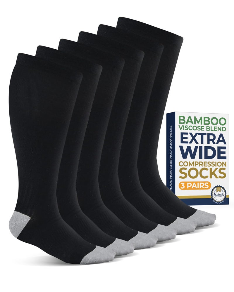 Pembrook 3 Pairs Plus Size Compression Socks Wide Calf - Bamboo Viscose Compression Socks Men, Knee High, Black - Image 1