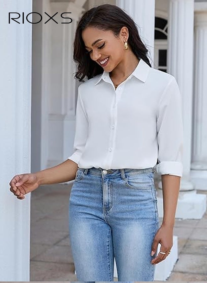 ريوكس القمصان النسائية، الزرار داون القميص الكلاسيكي، قمصان العمل الملونة ذات الأكمام الطويلة، بلوزة شيفون مريحة، القمصان غير الرسمية للأعمال، قمصان الأزياء للنساء يتطابقن مع الجينز الضيق الساقين الكعب العالي، السيدات القميص الأبيض للمواعدة مكتب الحياة اليومية - Image 5