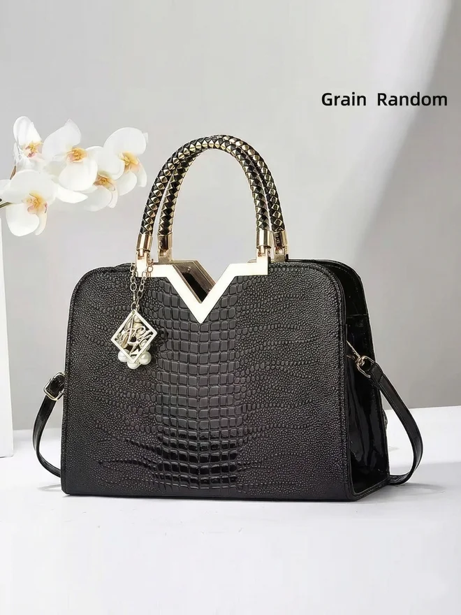 Take Two Croc Skin Dual Handle Handbag with Charm