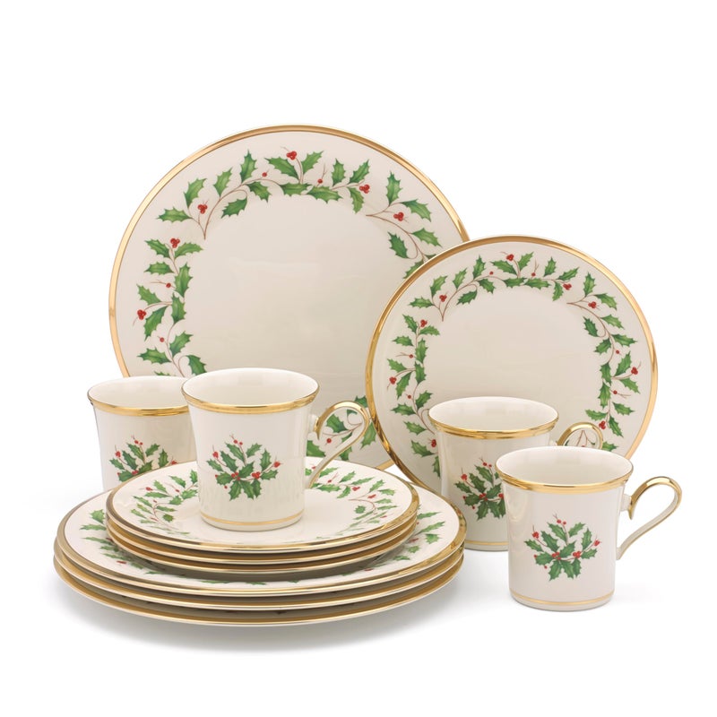 Lenox Dinnerware Set Holiday 12Piece Set Service For 4 Porcelain Plate Berry Motif With 24Karat Gold Accents Christmas Dinner Plates Salad Plates And Mugs Dishwasher Safe Assorted 12 Piece - Image 1