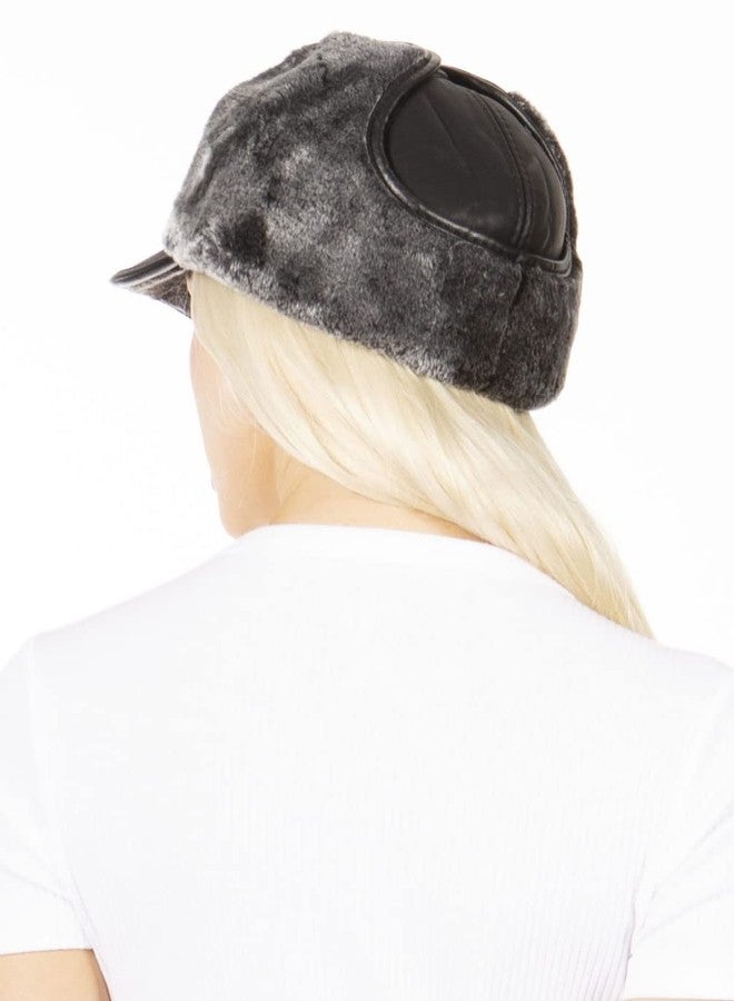 Sakkas Leather Shearling Unisex Aviator Trapper Winter Cap with Ear Flaps Warm Ushanka Russian Hunting Ski Snow Pilot Baseball Hat Faux Mink Fur Chin Strap - Black - M - Image 2