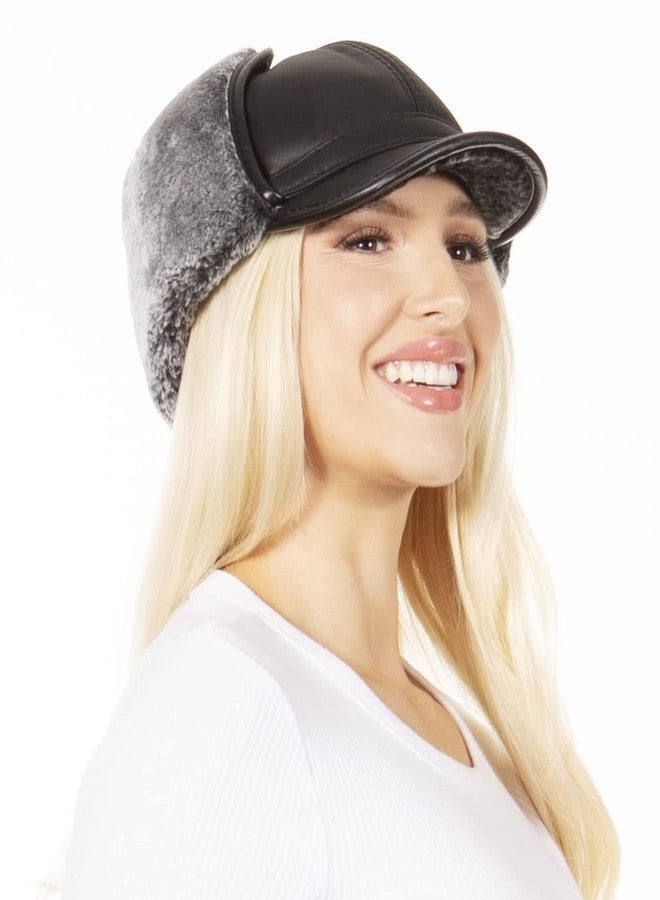 Sakkas Leather Shearling Unisex Aviator Trapper Winter Cap with Ear Flaps Warm Ushanka Russian Hunting Ski Snow Pilot Baseball Hat Faux Mink Fur Chin Strap - Black - M - Image 3