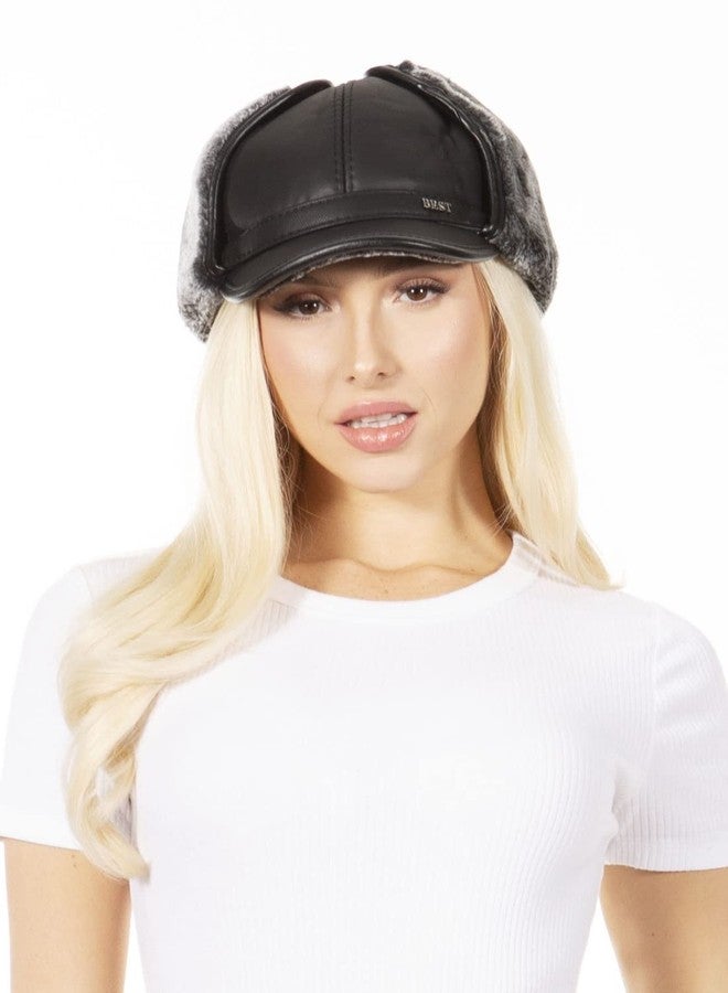 Sakkas Leather Shearling Unisex Aviator Trapper Winter Cap with Ear Flaps Warm Ushanka Russian Hunting Ski Snow Pilot Baseball Hat Faux Mink Fur Chin Strap - Black - M - Image 5