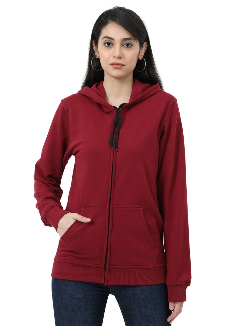 Wafaa Women's Cotton Plain Hooded Neck Full Zipper Maroon Color Regular Fit Sweatshirt Hoodies with Kangaroo Pocket Medium Size - Image 1
