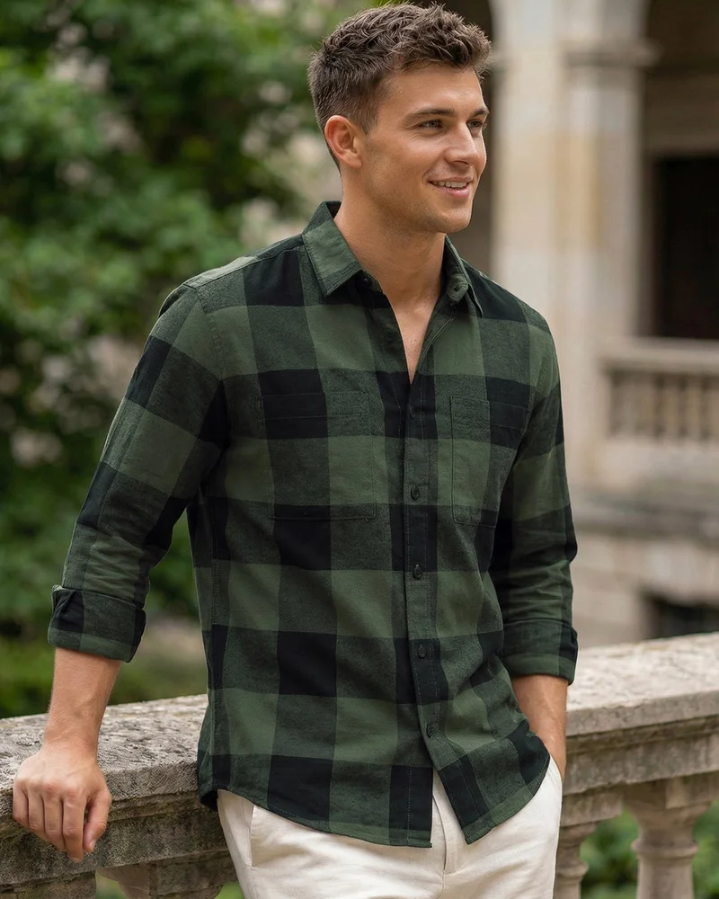 بيواكوف Men's Olive Green & Black Checked Shirt