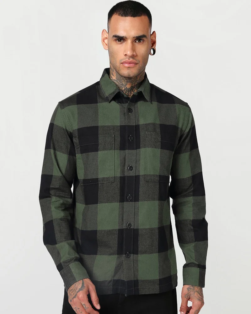 بيواكوف Men's Olive Green & Black Checked Shirt