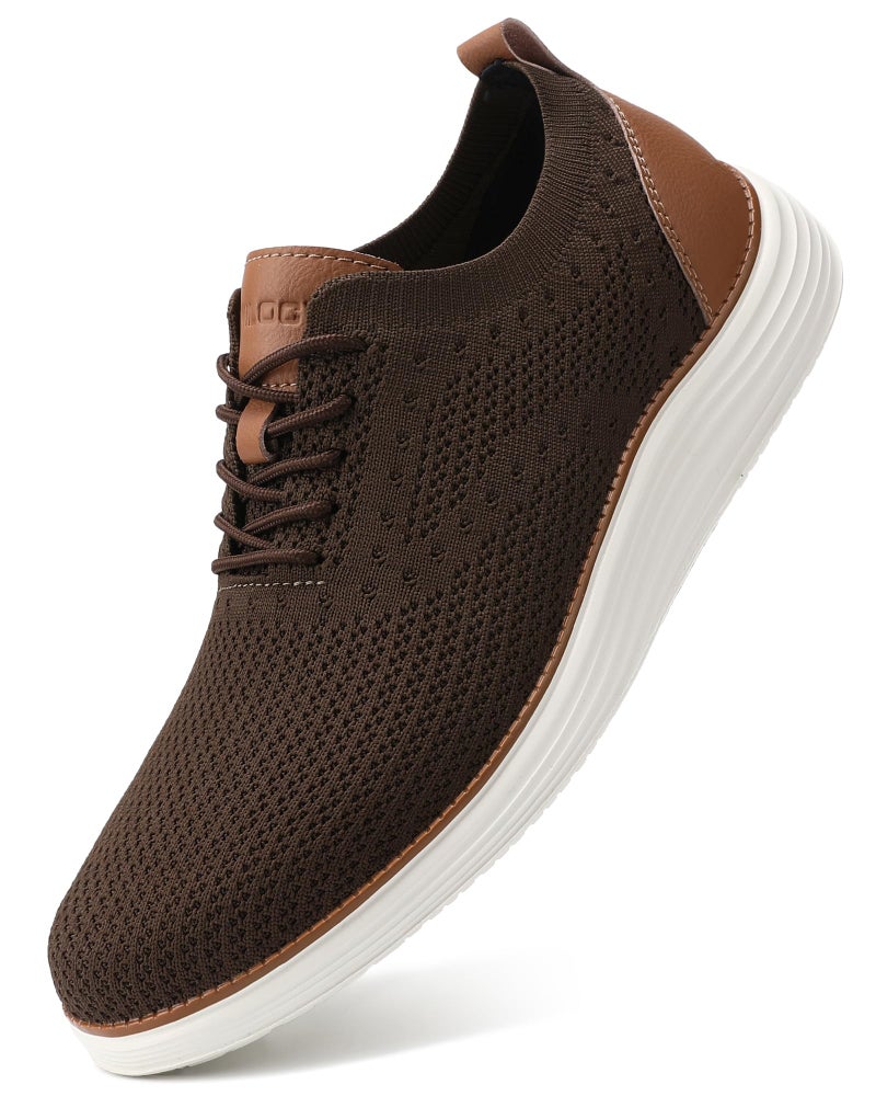 VILOCY Men's Dress Sneakers Oxfords Casual Business Shoes Lace Up Lightweight Walking Knit Mesh Fashion Sneakers Brown, EU41 - Image 1