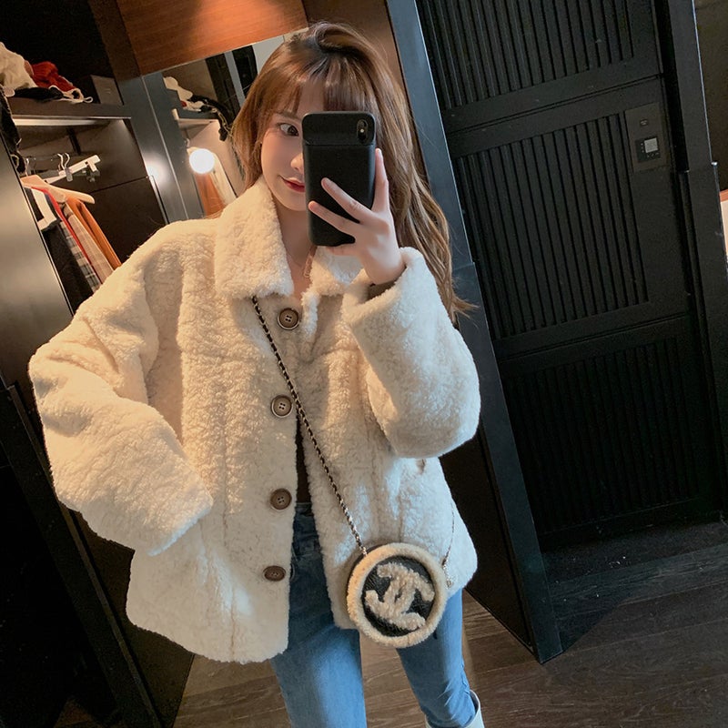 2023 Loose Lamb Wool Cardigan Women soft waxy white 
