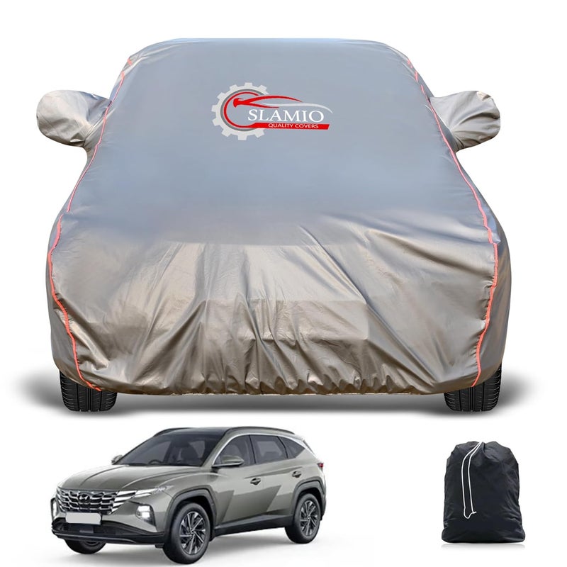 Slamio Heavy-Duty Car Body Cover for Hyundai's Tucson (2016-2021) | Waterproof, Dustproof, UV Protection, Custom Fit, Heavy Belt & Buckle with Mirror & Antenna Pocket | Dark Grey - Image 1