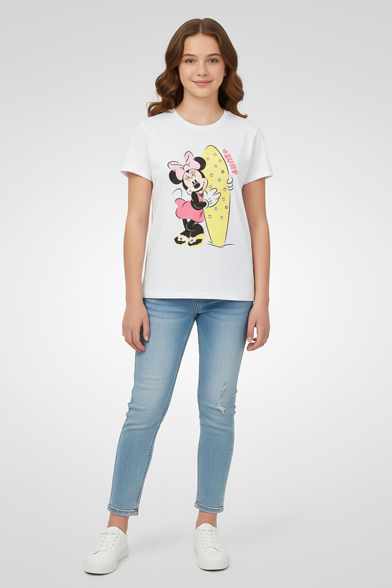 Disney x Mickey And Friends Kids Girl Crew Neck Graphic Print T-Shirt, White - Image 1