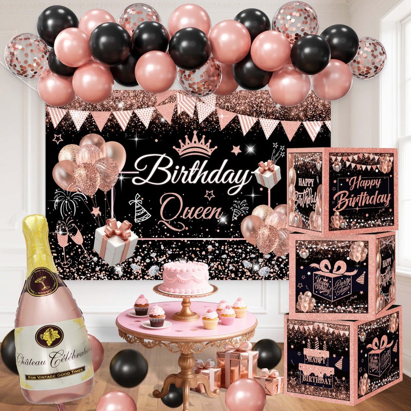 jenlion Happy Birthday Party Decorations for Women,Black PInk Balloons,Birthday Box Decor,Backdrop,Beers Foil Balloon - Image 1