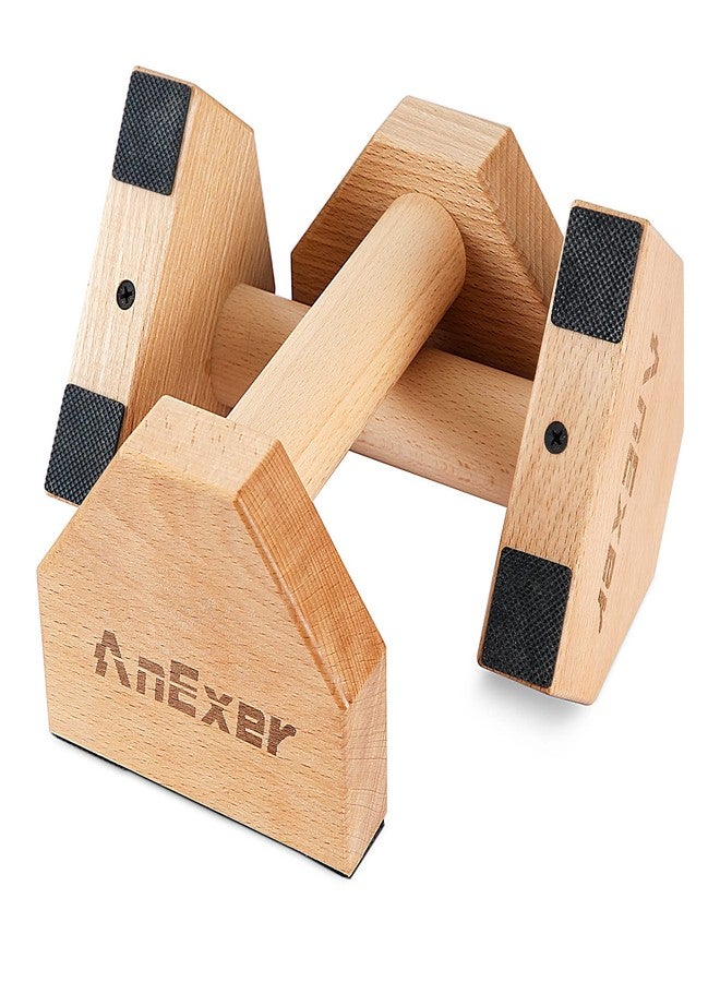 AnExer Push Up Stands, Handstand Parallettes Bars, Solid Wood Push Up Bars with Non-Slip Mat Push up Handles for Floor Exercise Home Workout Equipment for Men & Women Strength Training (Beech Wood-20cm) - Image 1