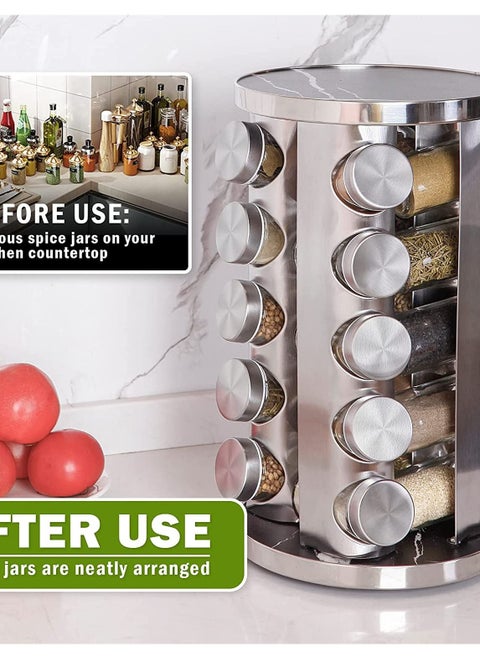 Revolving Spice Rack with 20 Jars, Rotating Spice Rack Organizer, Seasoning Organizer with Labels, Stainless Steel Spice Carousel for Kitchen Countertop, Cabinet