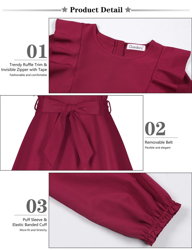 Quedoris Girls Ruffle Trim Long Sleeve Belted Dress with Zipper Wine Fall 150Y - Image 5