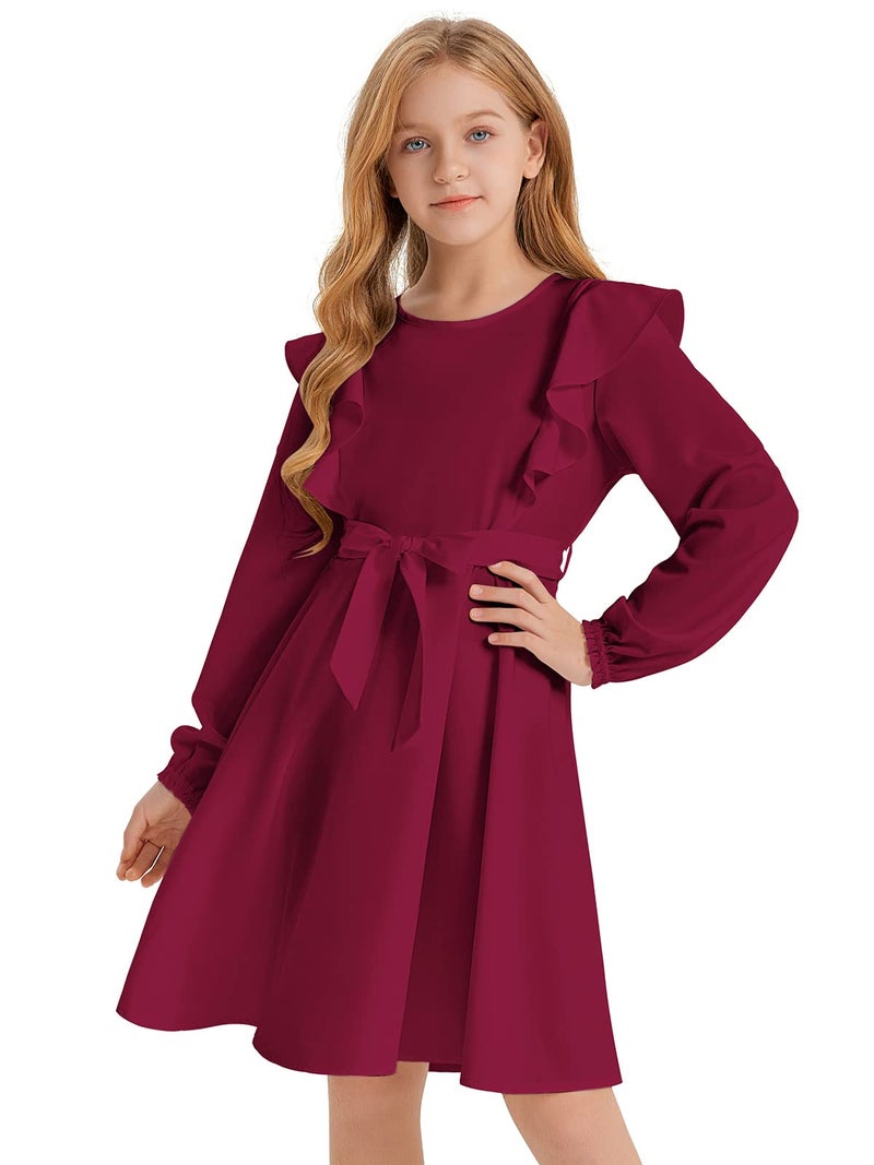 Quedoris Girls Ruffle Trim Long Sleeve Belted Dress with Zipper Wine Fall 150Y - Image 1