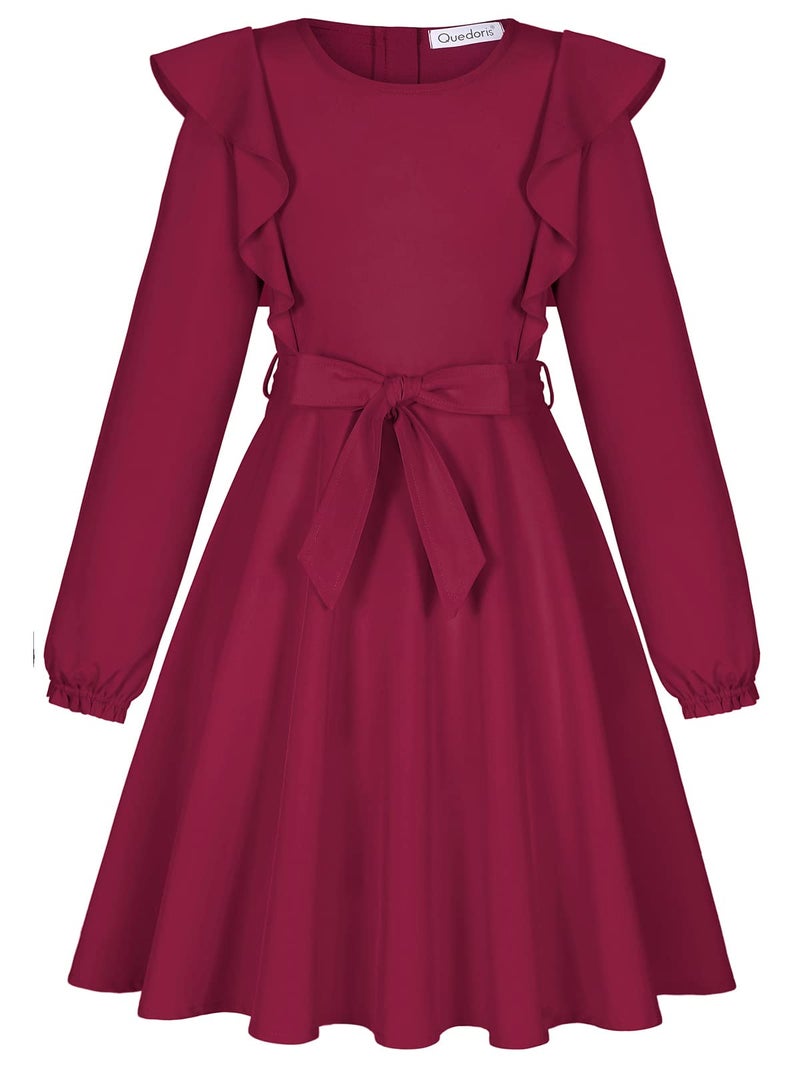 Quedoris Girls Ruffle Trim Long Sleeve Belted Dress with Zipper Wine Fall 150Y - Image 3