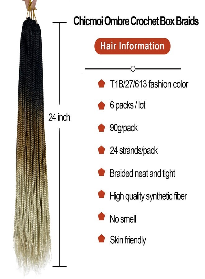 Chicmoi Ombre Blonde Crochet Box Braids Pre Looped 1B/27/613 Box Braids Crochet Hair 144 strands Small Size Soft Pre-looped Crochet Hair for Black Women Chicmoi Hair (T1B/27/613, 24 inch box braids 6 pack) - Image 2