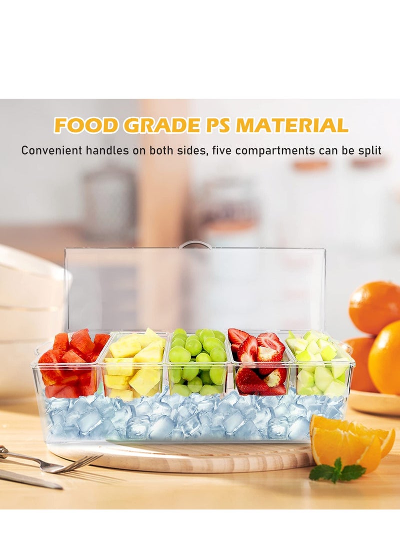 MIXDE - 5 Condiment Tray Server Ice Chilled Compartment Container Organizer with Hinged Lid Cooled Condiment Tray with Removable Dishes for Salad Fruit Cheese BBQ Picnic Outdoor Party Bar Supplies - Image 1