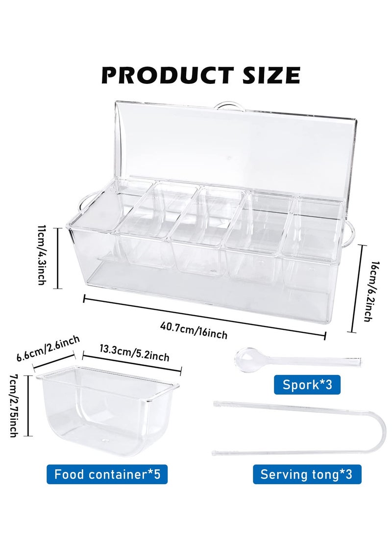 MIXDE - 5 Condiment Tray Server Ice Chilled Compartment Container Organizer with Hinged Lid Cooled Condiment Tray with Removable Dishes for Salad Fruit Cheese BBQ Picnic Outdoor Party Bar Supplies - Image 1