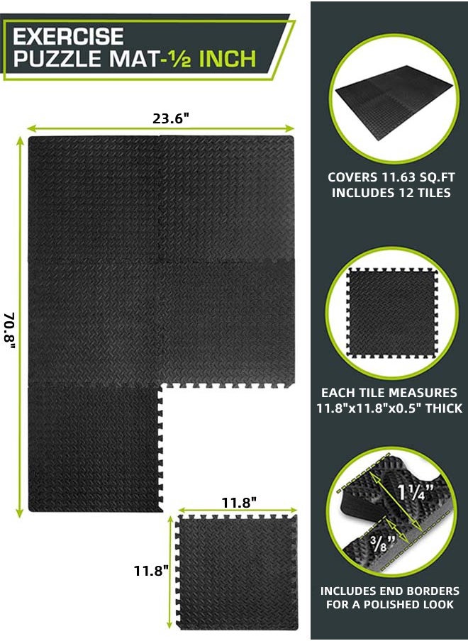 Gym Flooring Set, EVA Foam Exercise Mat Tiles with Borders, Protective Puzzle Floor Mats for Home Gym, Workout, Kids Play Area, 12 PCS